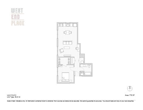 Floor plan for 1 bed, 1 bath, 778 sqft